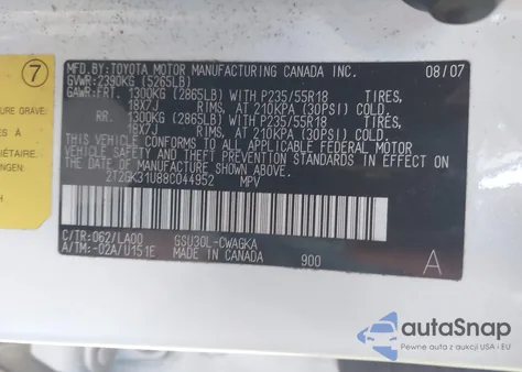 2008 Lexus Rx 350 z USA, uszkodzony, nr VIN 2T2GK31U88C044952